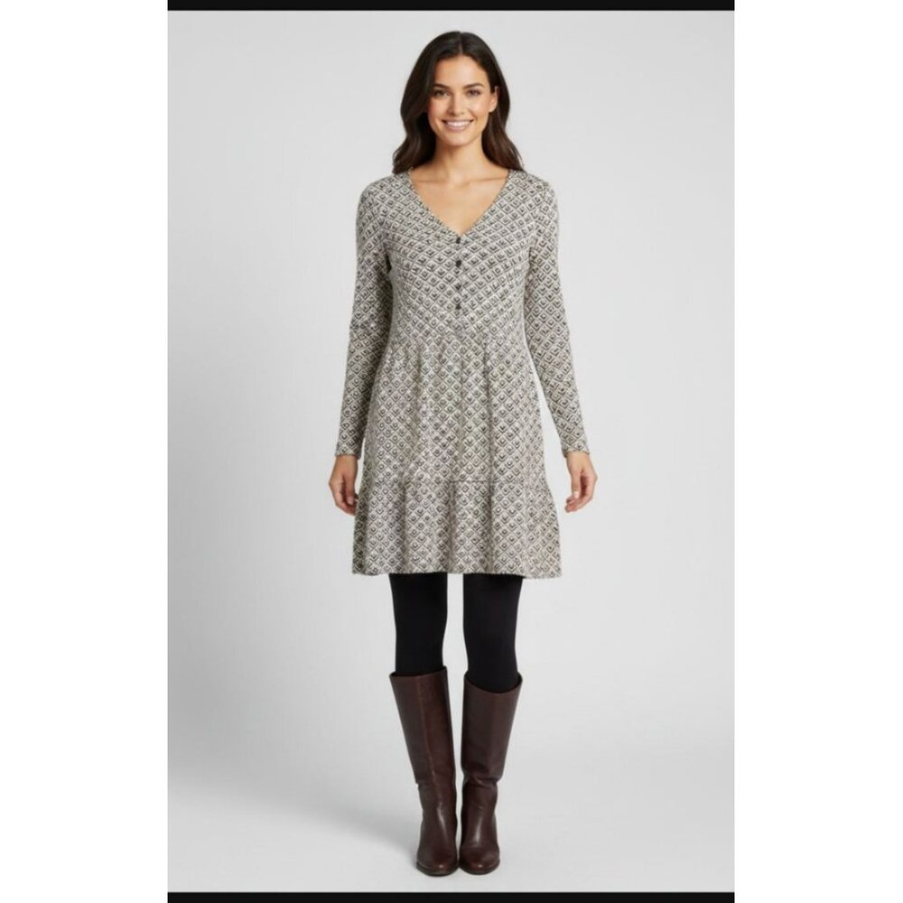 Loft Diamond Pattern Long-Sleeve V-Neck Tiered Dress XS Acrylic/Polyester/Spande